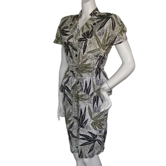 Vintage Dress, XS, Leaf Print, Peplum, Cotton, Off-white/Green, Buttoned top - Picture 4 of 13